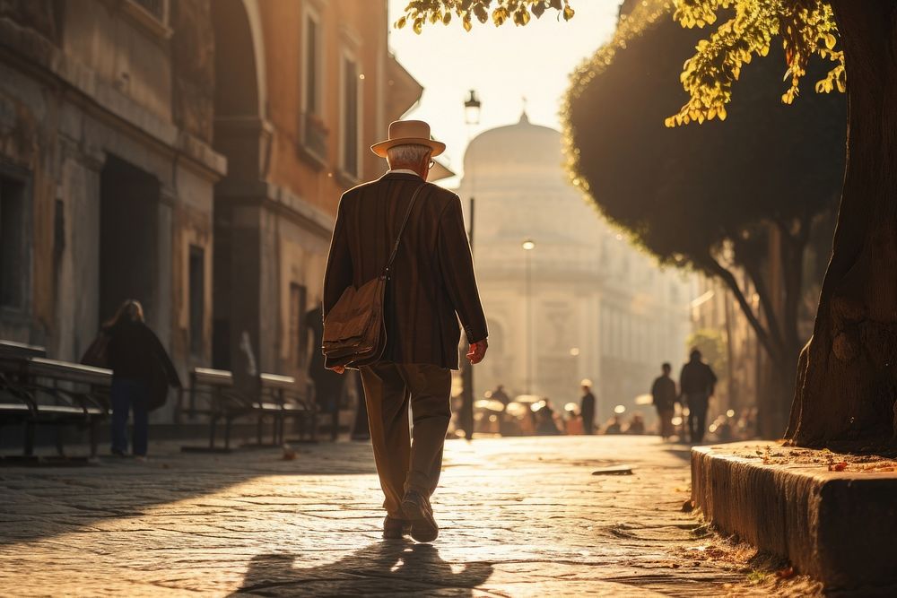 Old italian man walking in rome standing adult city.