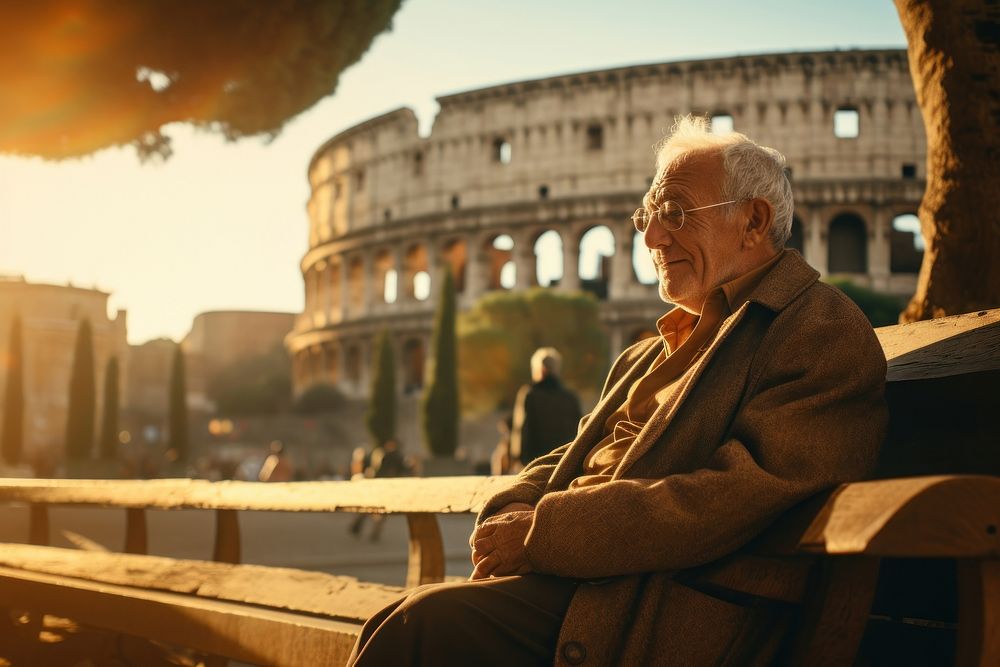 Old italian man sitting on bench in rome photography adult contemplation.