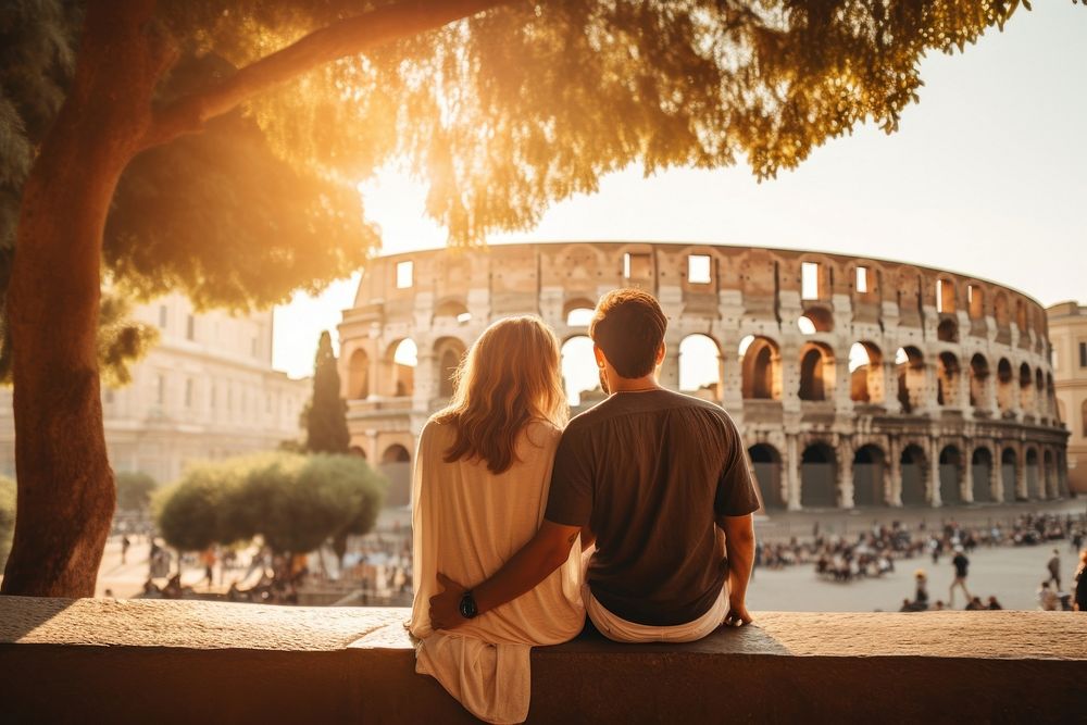 Tourist couple sitting bench rome | Free Photo - rawpixel