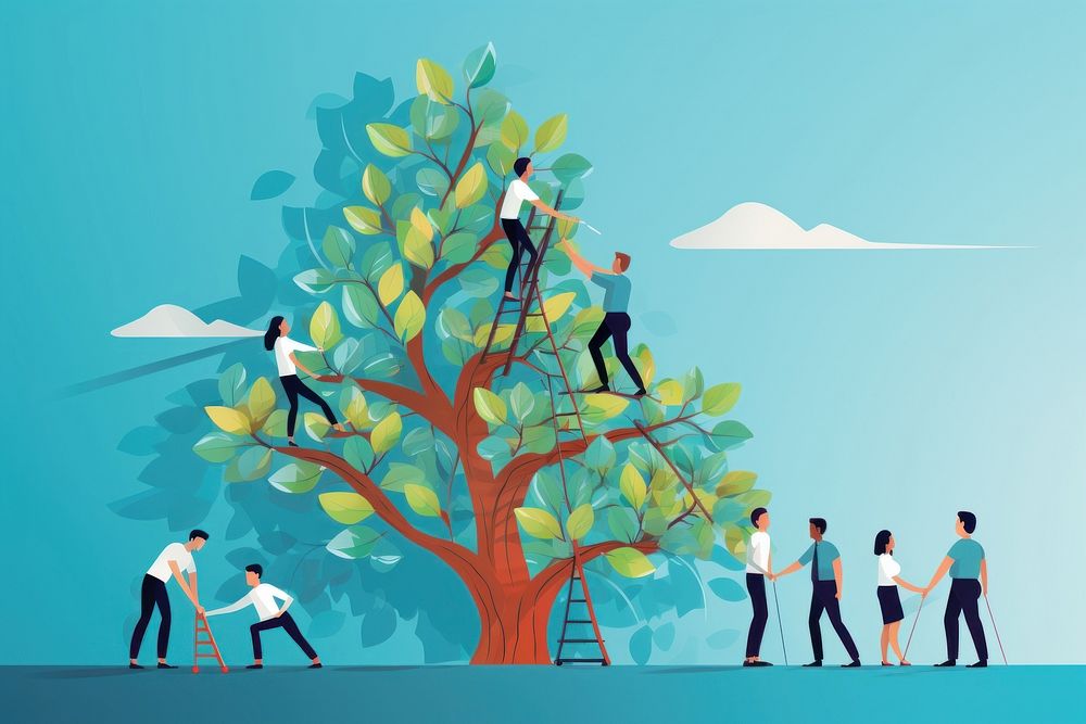 Team of professionals climbing a giant growth arrow teamwork outdoors adult. AI generated Image by rawpixel.