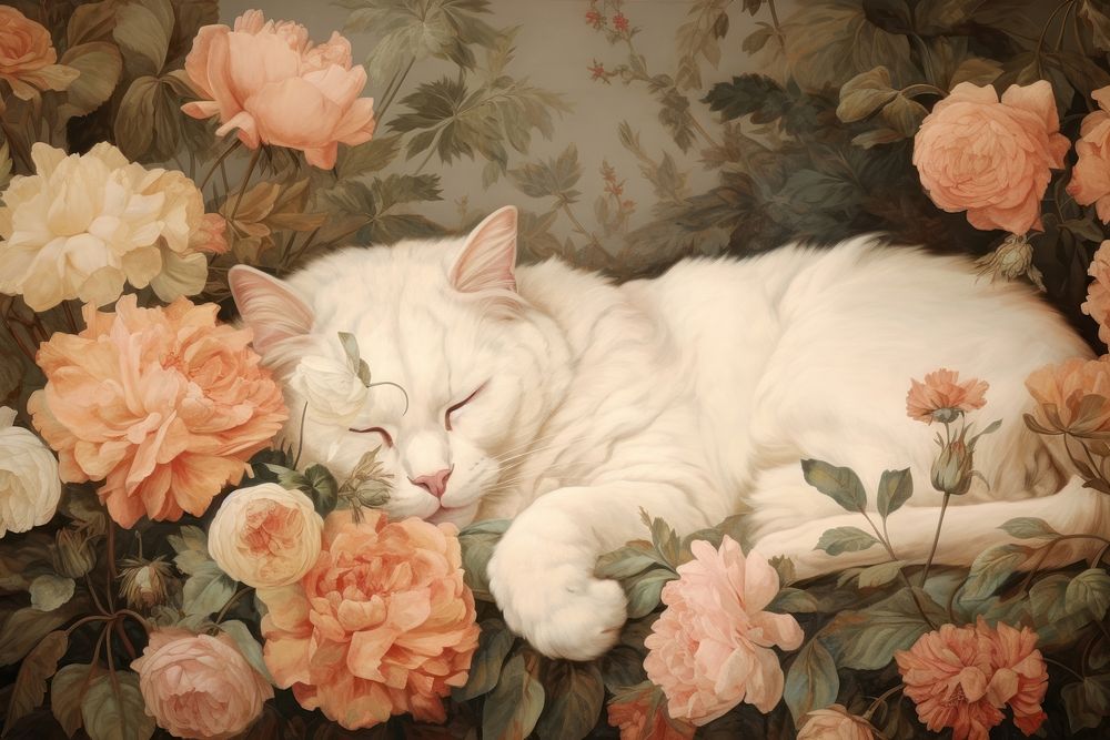 Cat sleep on roses painting art backgrounds.