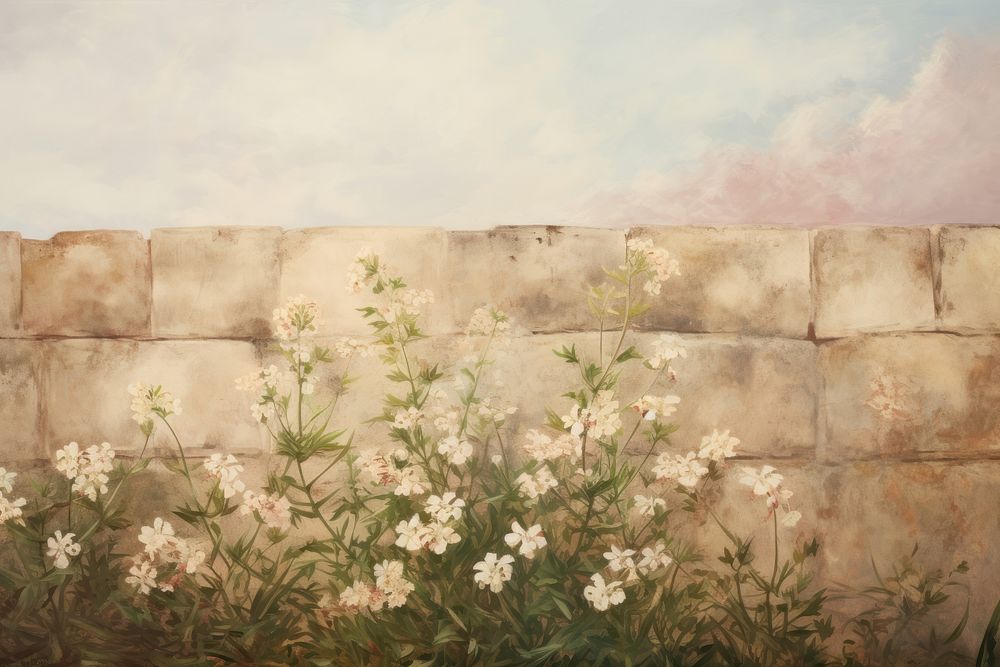 Blooming wallflowers overgrown painting art architecture.