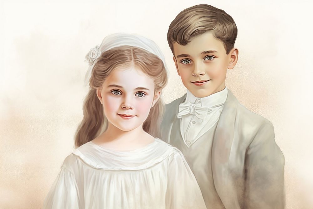 Illustration of kids couple portrait painting wedding.
