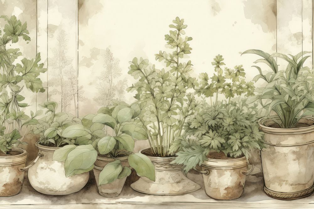 Herbs pocket garden painting backgrounds windowsill.