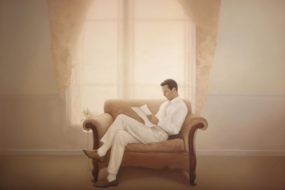 Illustration of man reading furniture armchair painting.