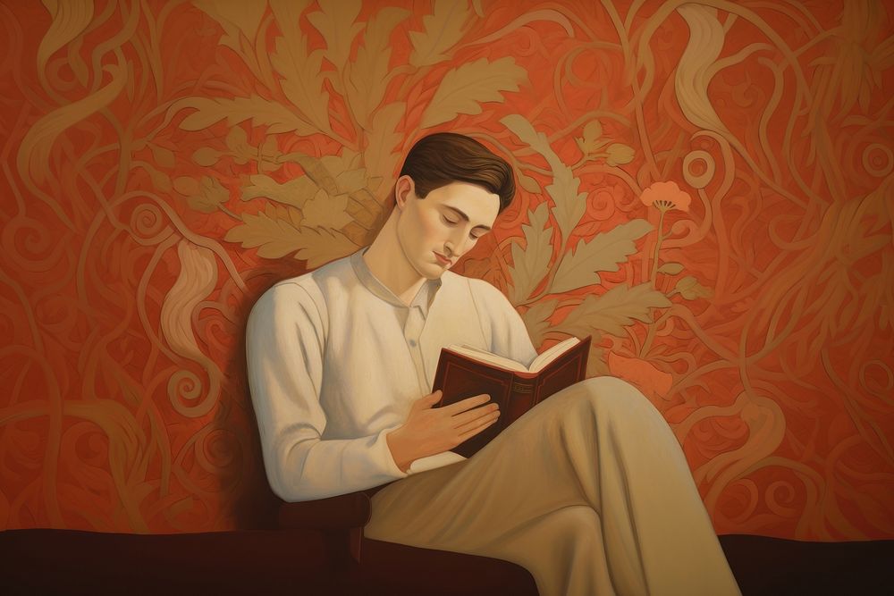 Illustration of man reading painting art publication.