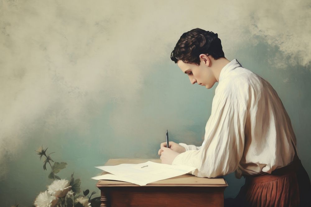 Illustration of man writing art contemplation publication.