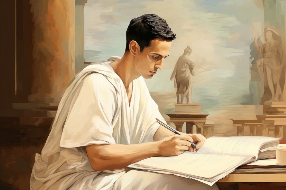 Illustration of man writing art publication painting.