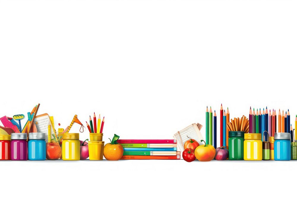 School supplies pencil white background arrangement.