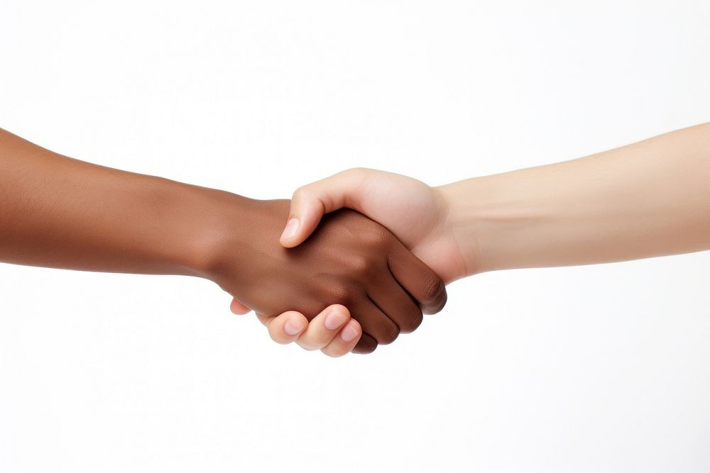 Joining hands handshake white background togetherness.