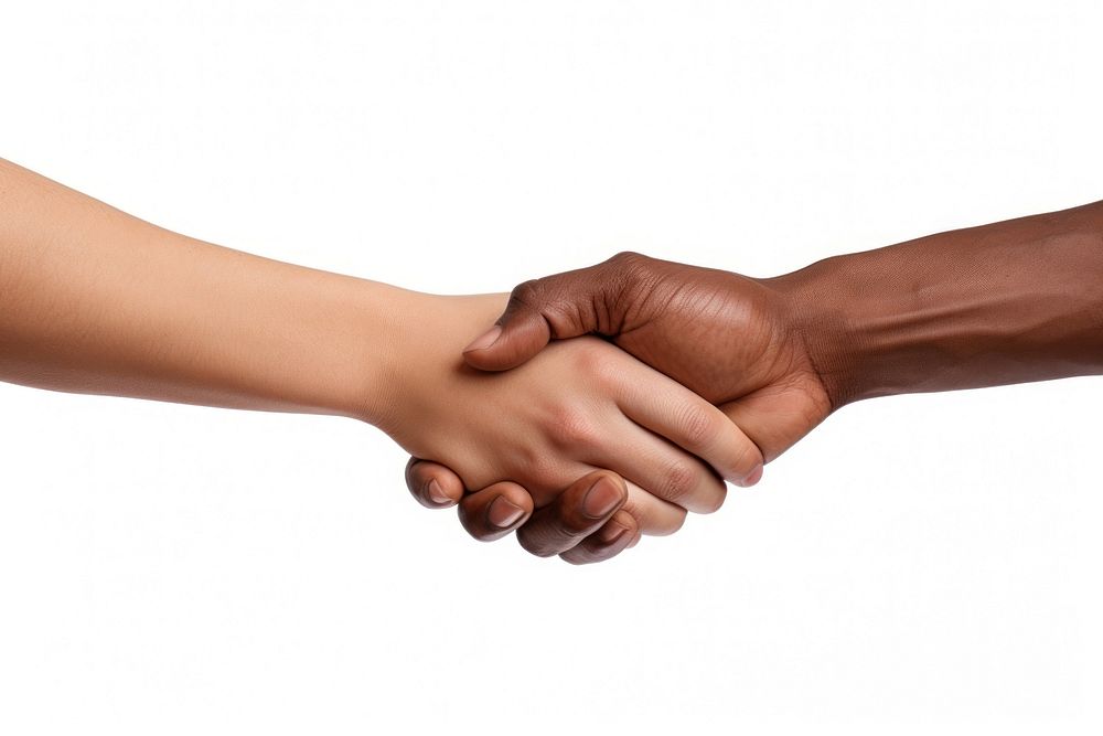 Joining hands handshake adult white background.