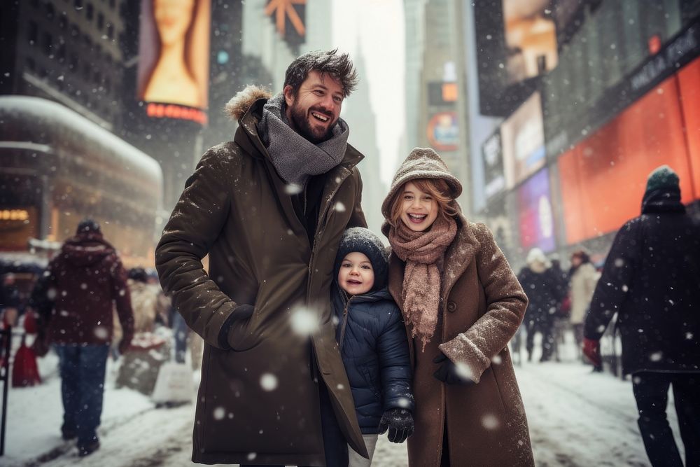 Happy family in snow winter in new york photography outdoors portrait.