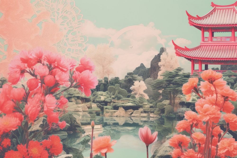 Chinese garden craft collage art outdoors painting.