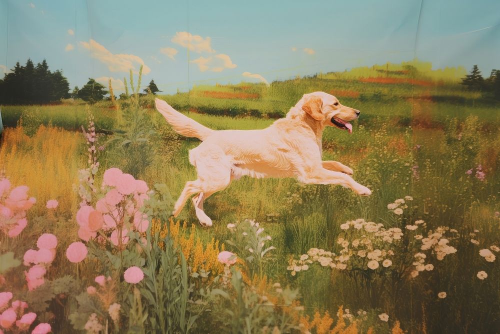 Dog run in meadow craft collage outdoors animal mammal.