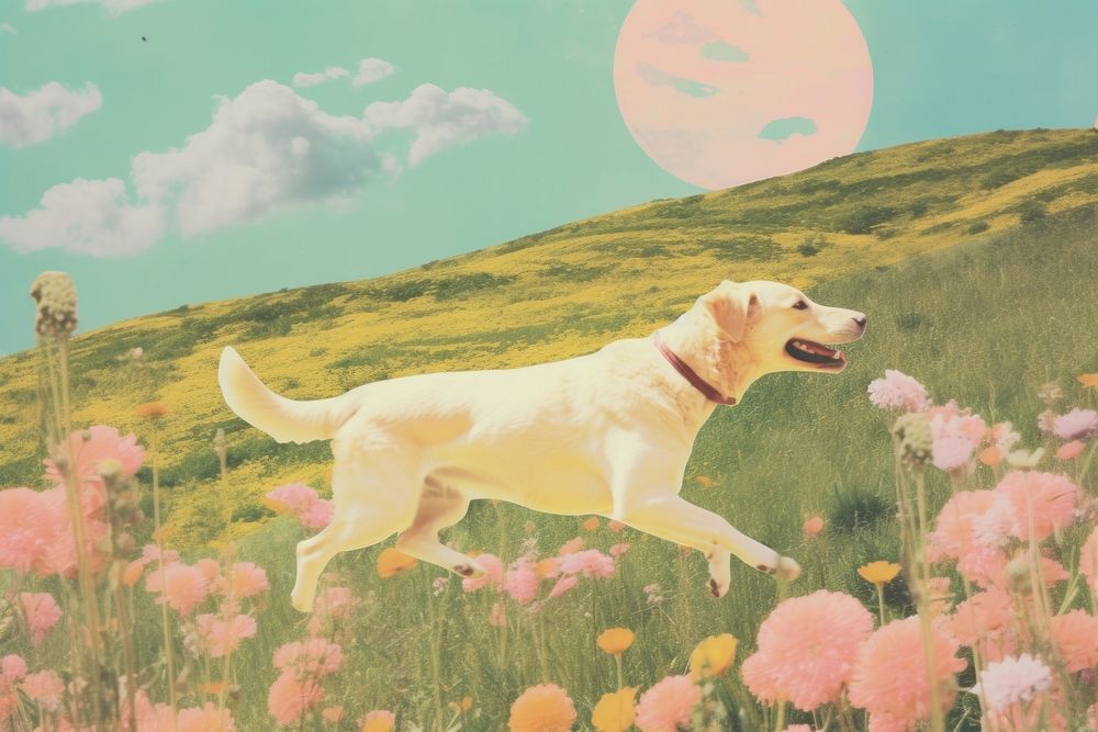 Dog run in meadow craft collage outdoors nature flower.