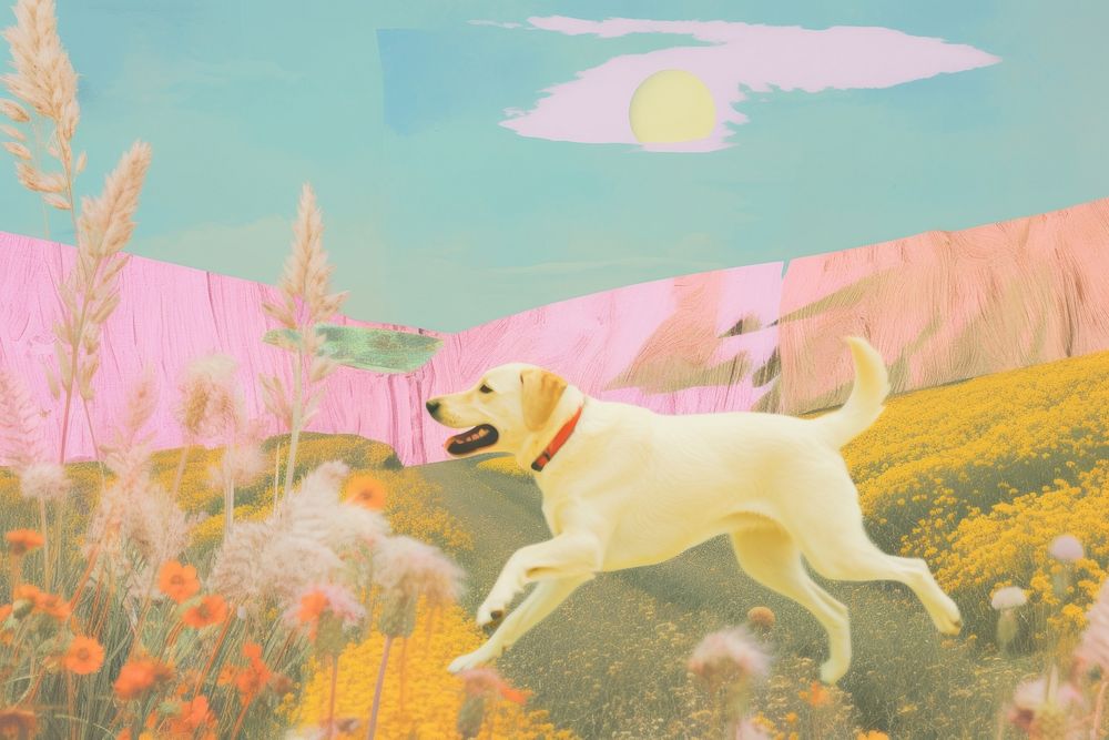Dog run in meadow craft collage art painting animal.