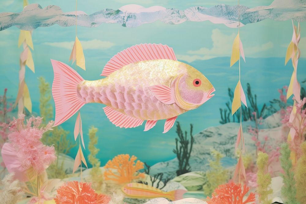 Fish with underwater craft collage aquarium animal nature.