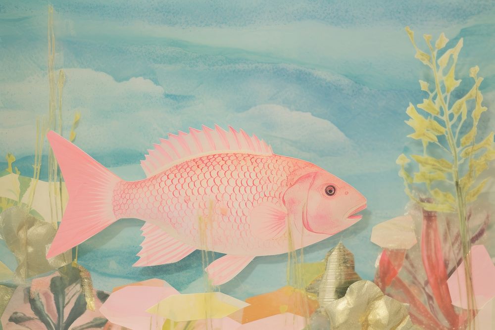 Fish with underwater craft collage animal art undersea.