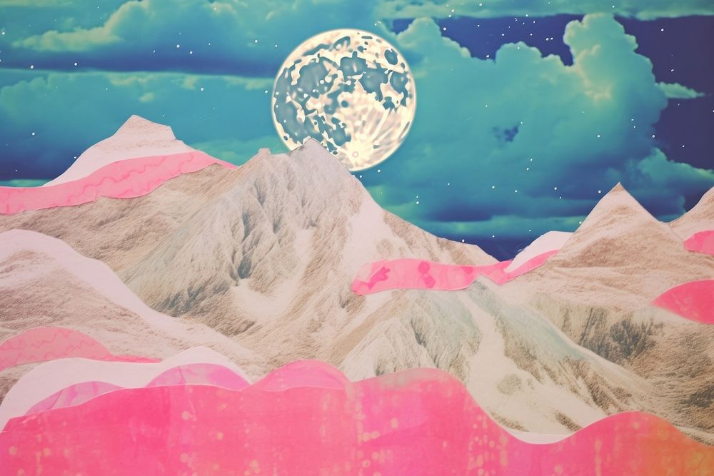 Moon floating mountain craft collage space landscape astronomy.
