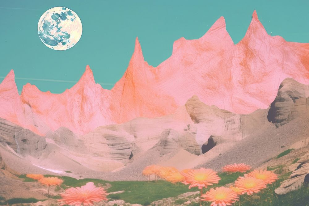 Moon floating mountain craft collage landscape outdoors nature.