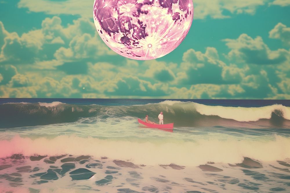 Moon floating ocean craft collage outdoors nature sea.
