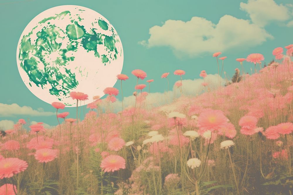Moon in meadow craft collage outdoors nature flower.