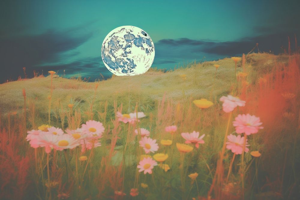 Moon in meadow craft collage space landscape grassland.