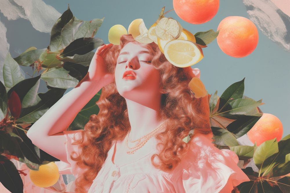 Mythology craft collage art grapefruit portrait.