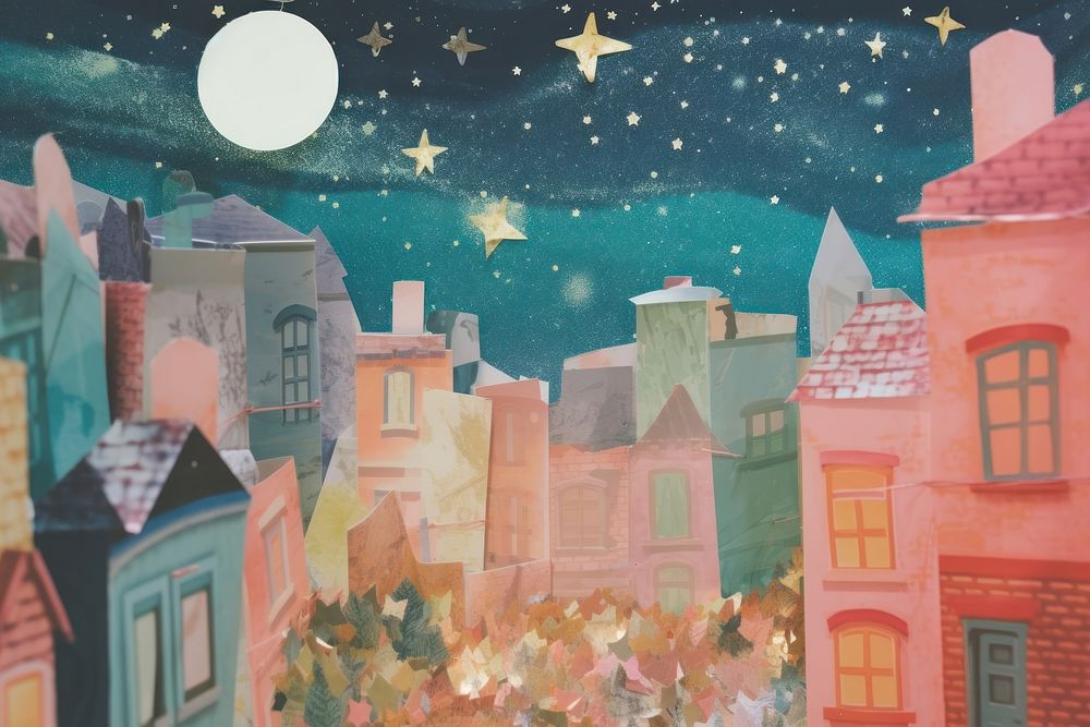 Night city craft collage art painting space.