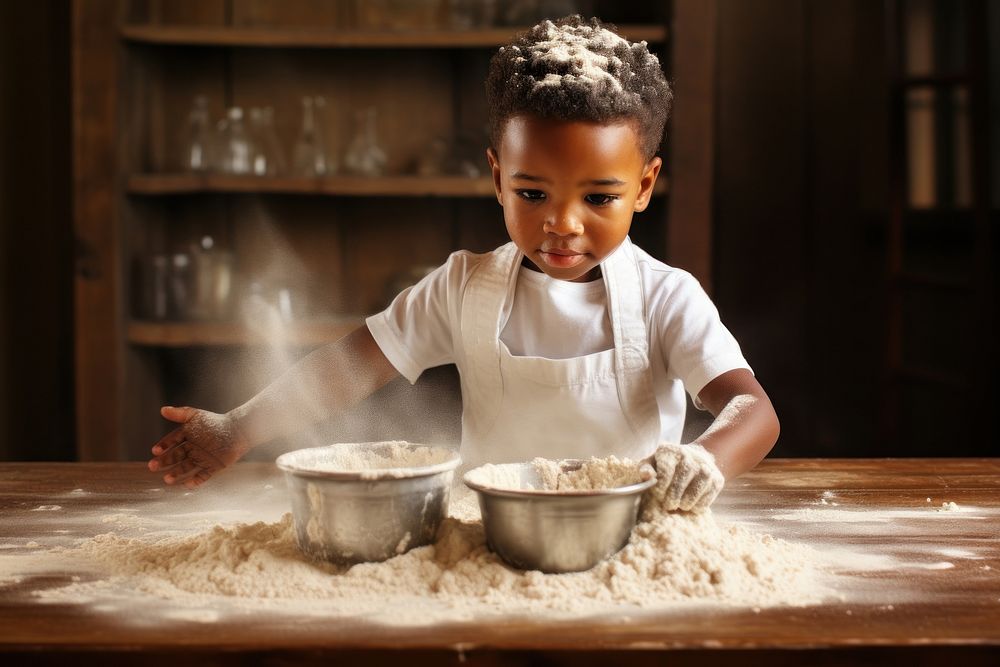 African American kid child flour innocence.