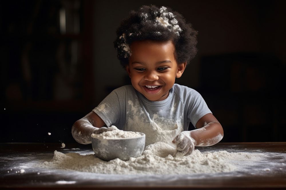 African American kid child flour innocence.