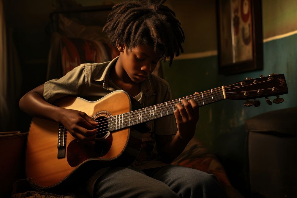 African American kid guitar musician black.