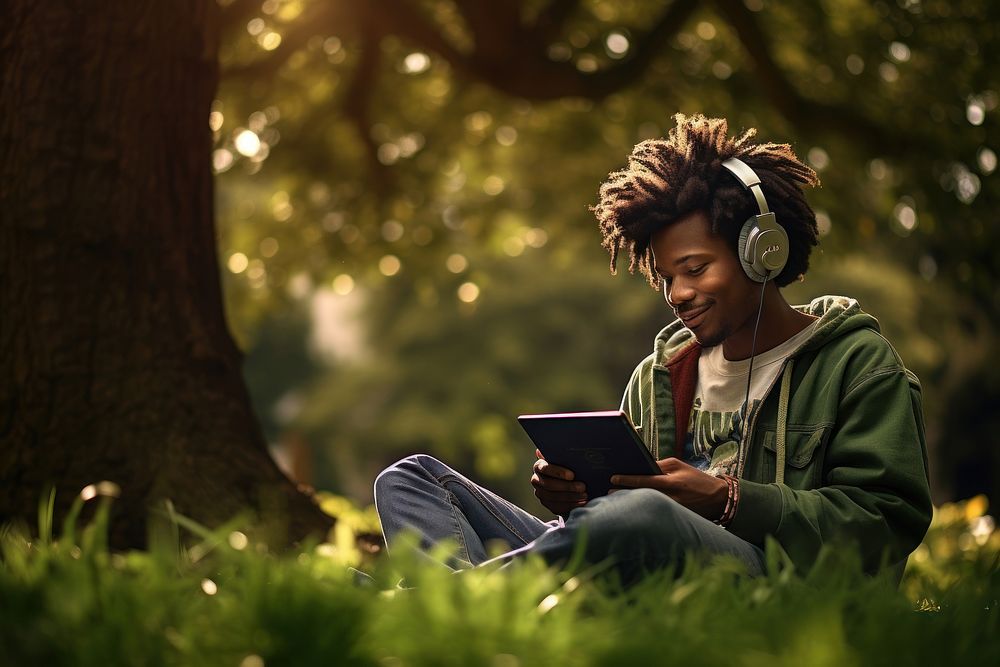 African American headphones reading sitting.