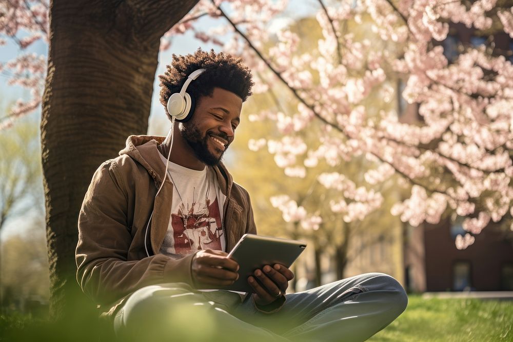 African American headphones sitting adult.