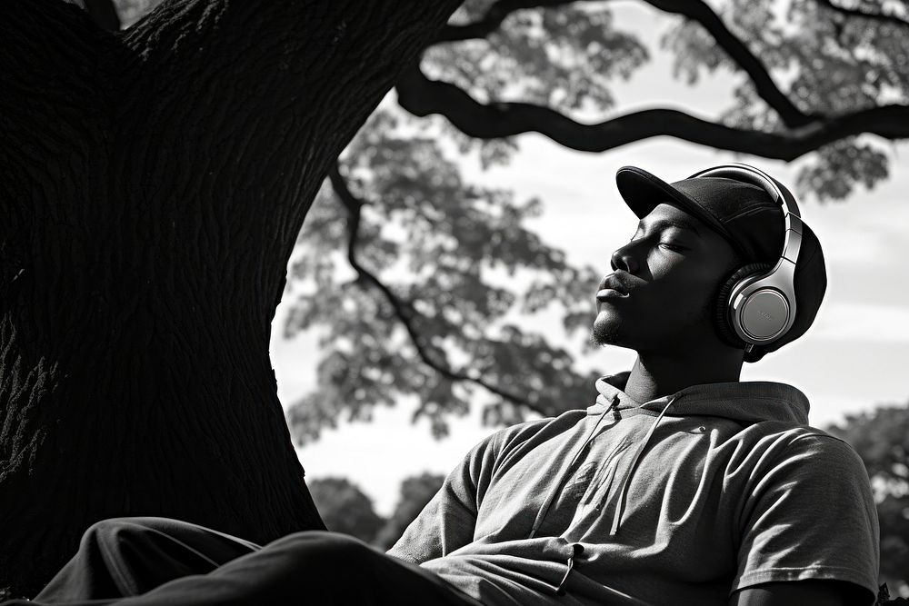 African American tree headphones portrait.