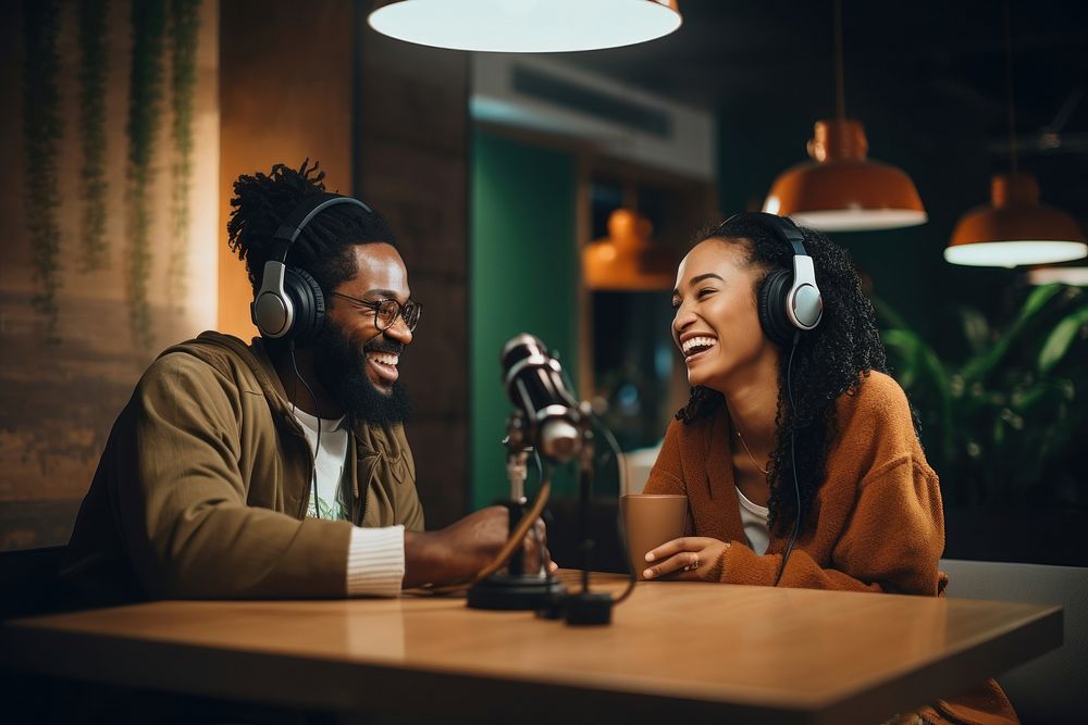 African American microphone headphones adult.