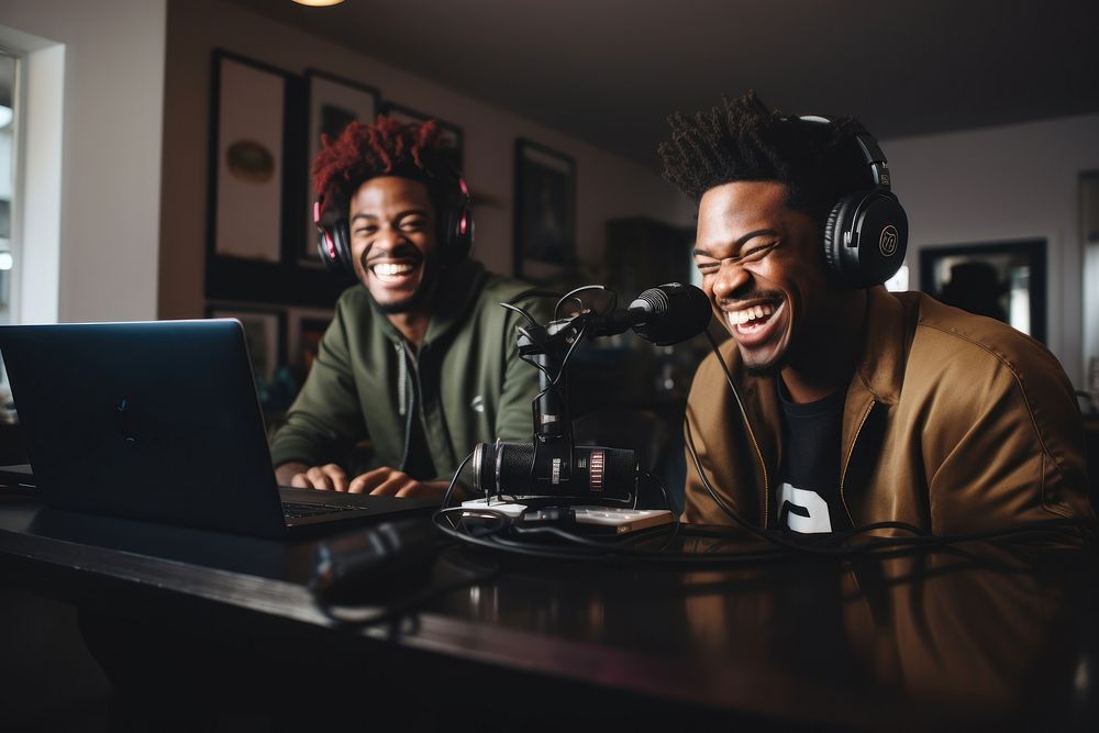 African American headphones microphone recording.