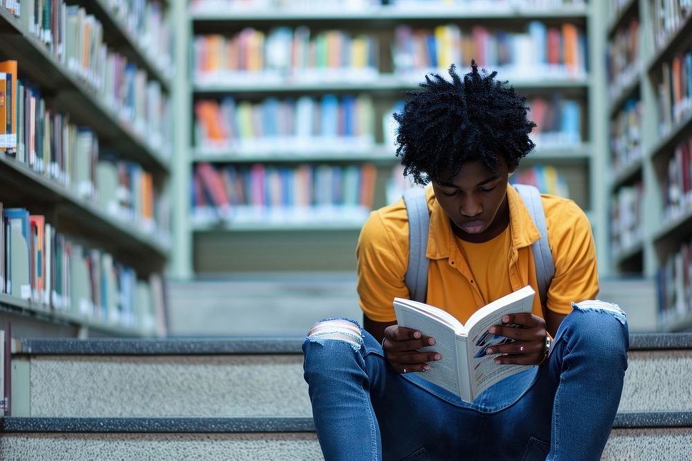 African American teenage reading library book.