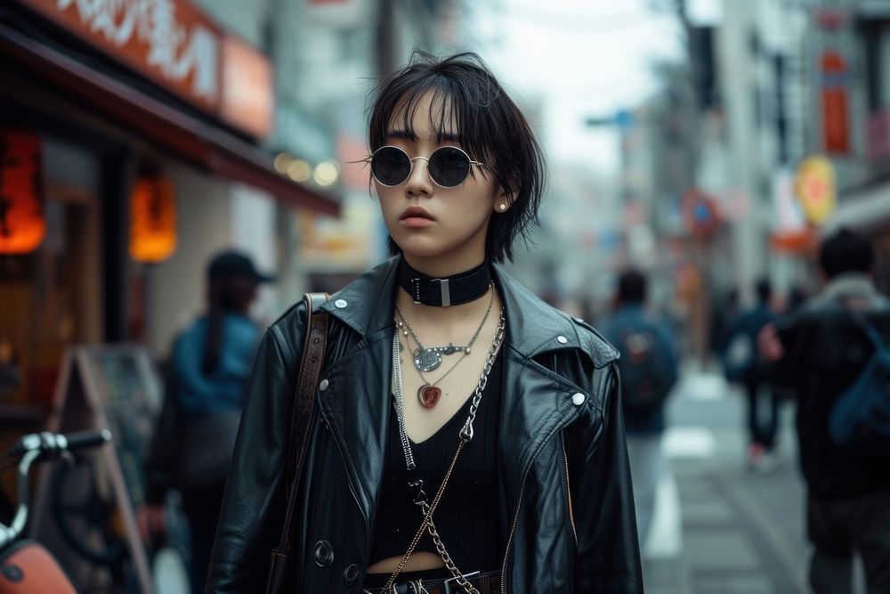 Japan fashionista sunglasses necklace jacket.