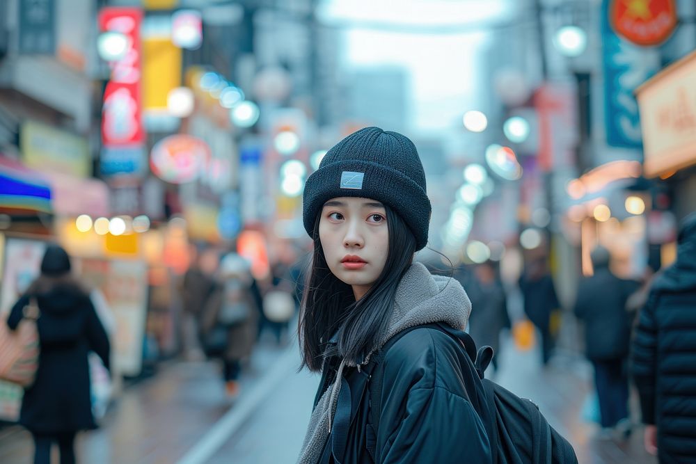 Japan fashionista portrait walking street.
