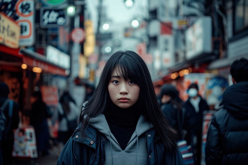 Japan teenage portrait walking street.