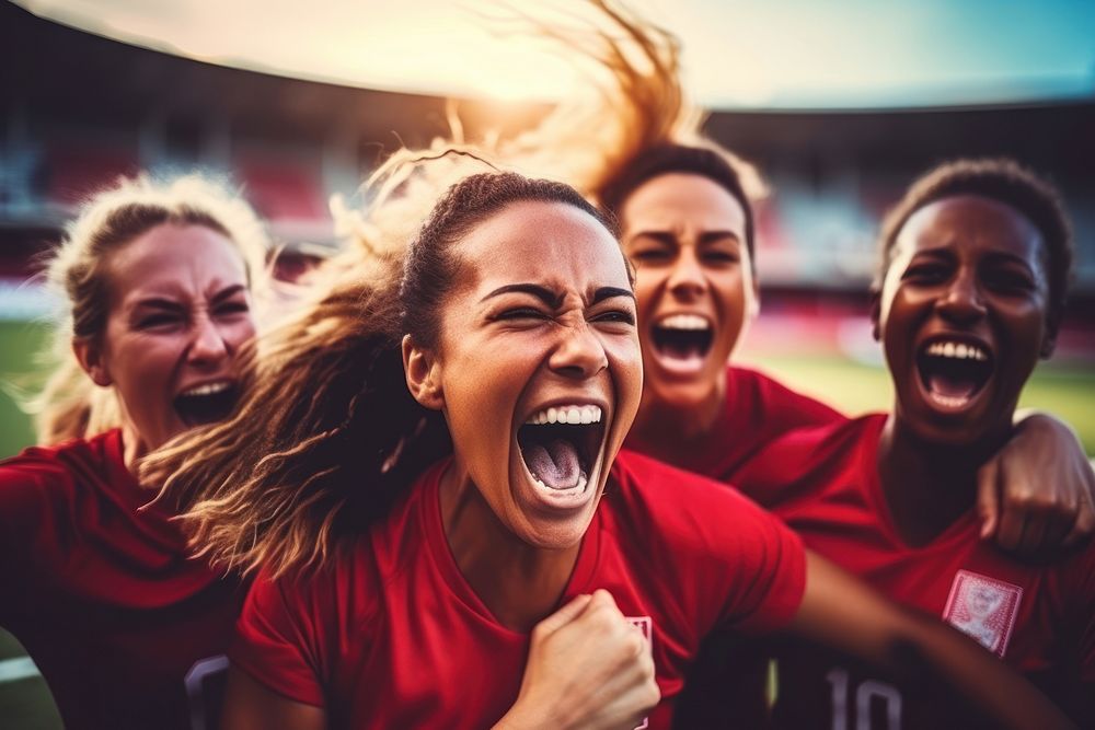Cheerful team of female soccer players cheerful teamwork shouting. AI generated Image by rawpixel.