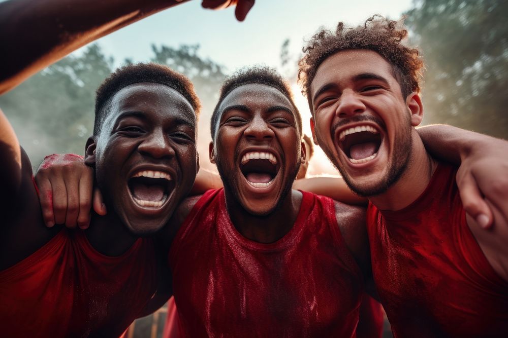Cheerful basketball players celebrating victory laughing adult togetherness. AI generated Image by rawpixel.