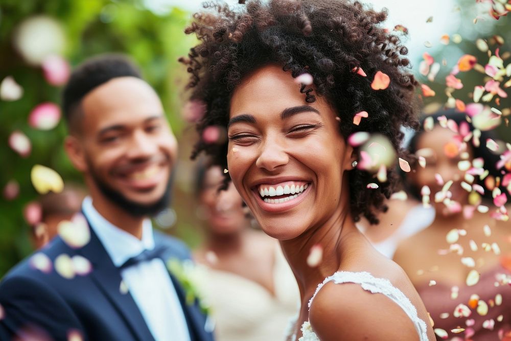 Happy with black couple at wedding ceremony laughing flower adult.