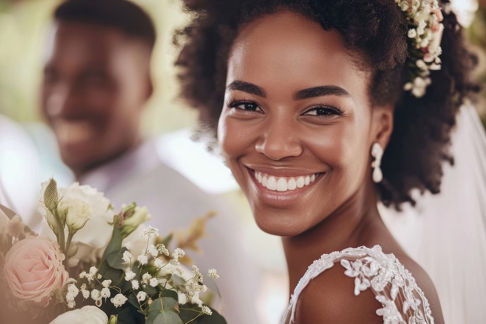 Happy with black couple at wedding ceremony portrait flower bride.