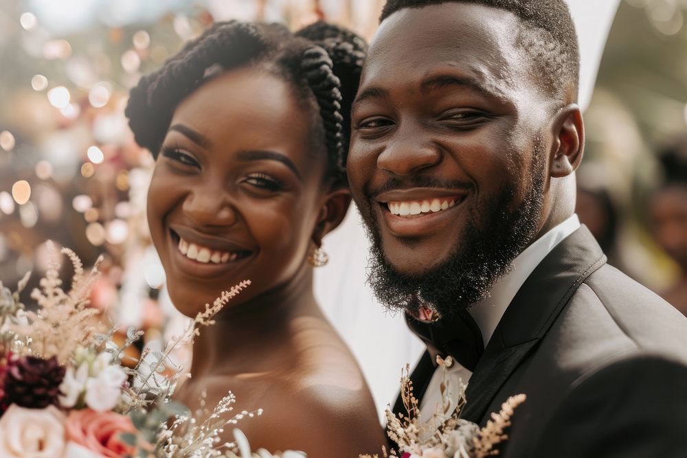 Happy with black couple at wedding ceremony bride adult smile.