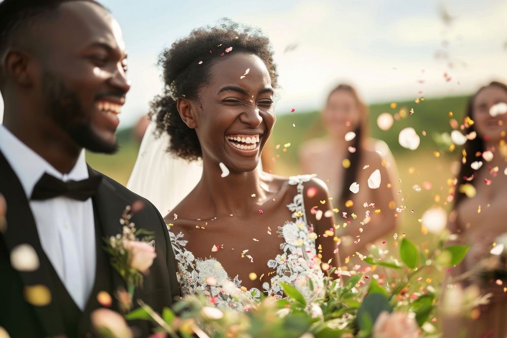 Happy with black couple at wedding ceremony laughing flower adult.