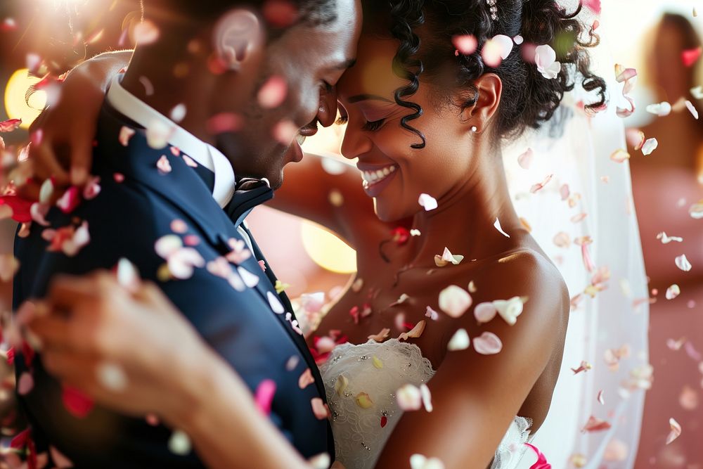 Happy with black couple dancing at wedding ceremony flower confetti portrait.