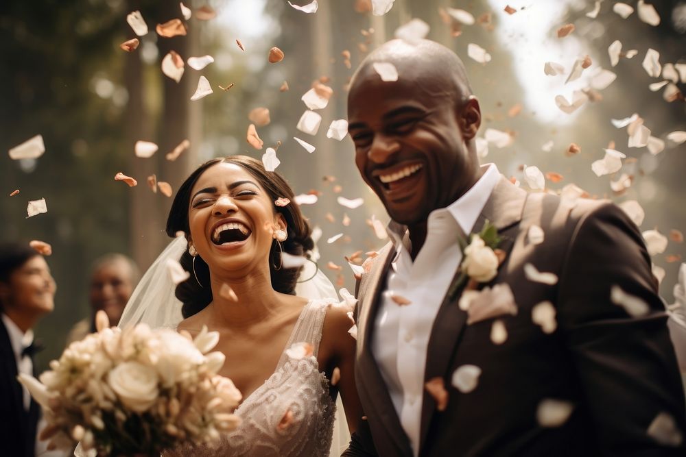 Happy American African couple at wedding ceremony laughing flower bride.