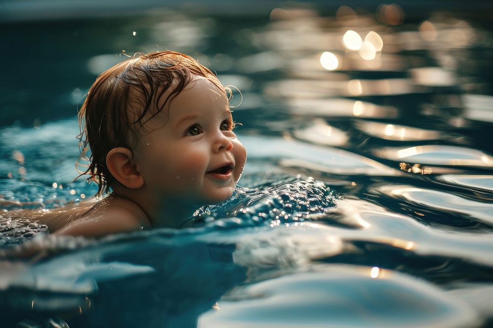 Baby swimming portrait bathing photo. AI generated Image by rawpixel.